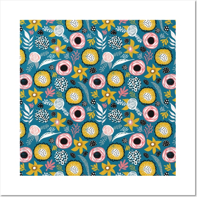 Scandinavian Florals And Leaves Teal and Mustard Yellow Wall Art by Sandra Hutter Designs